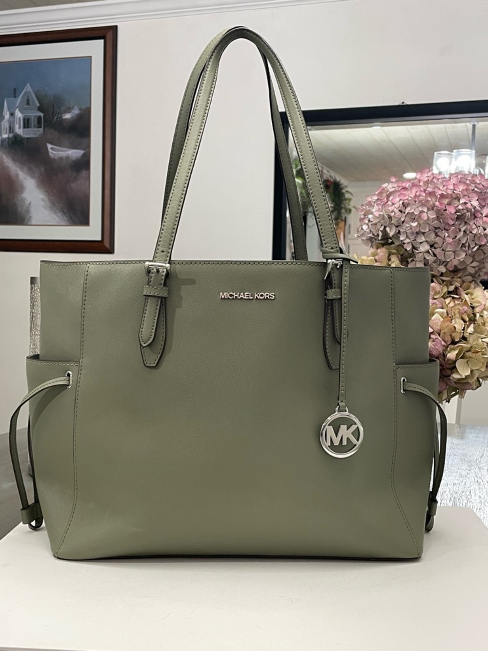 Michael Kors Sage Green Leather Tote with MK Charm